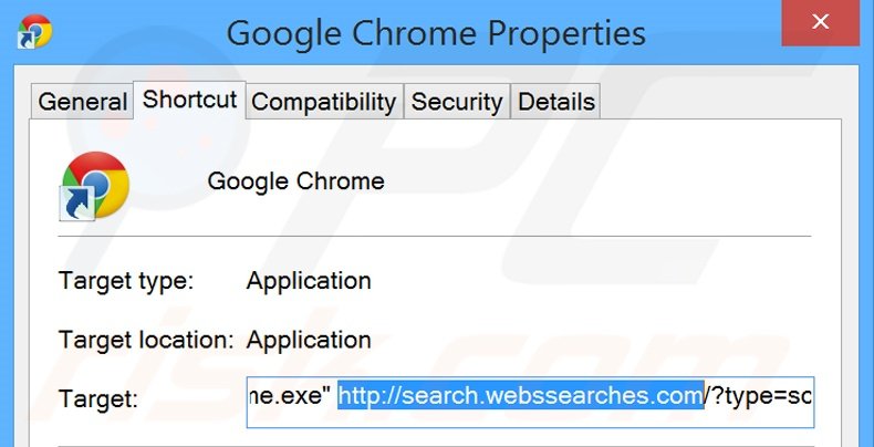 Removendo search.webssearches.com do atalho do Google Chrome passo 2