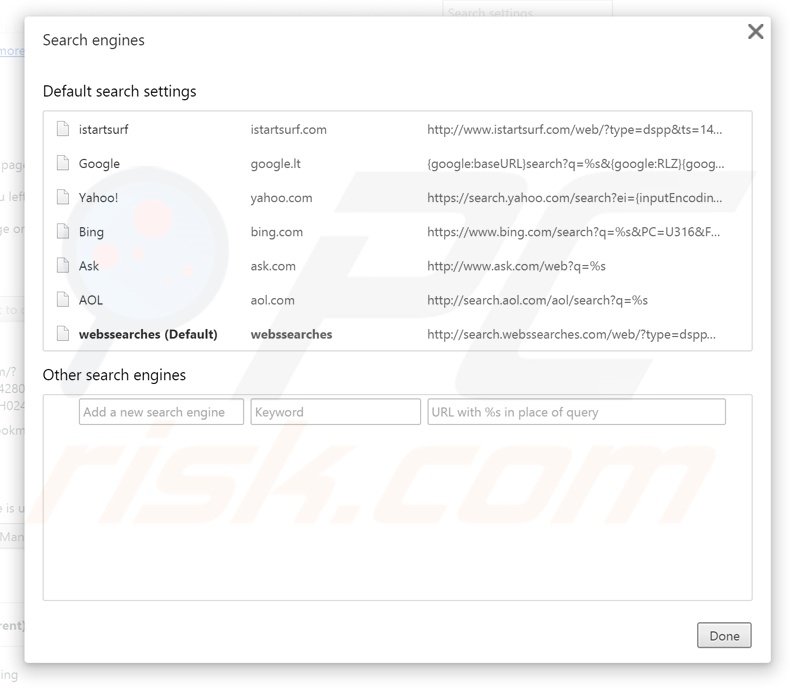 Removendo search.webssearches.com do motor de busca padrão do Google Chrome