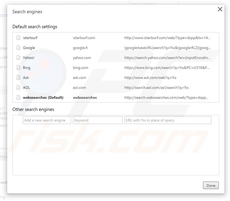 Removendo search.webssearches.com do motor de busca padrão do Google Chrome