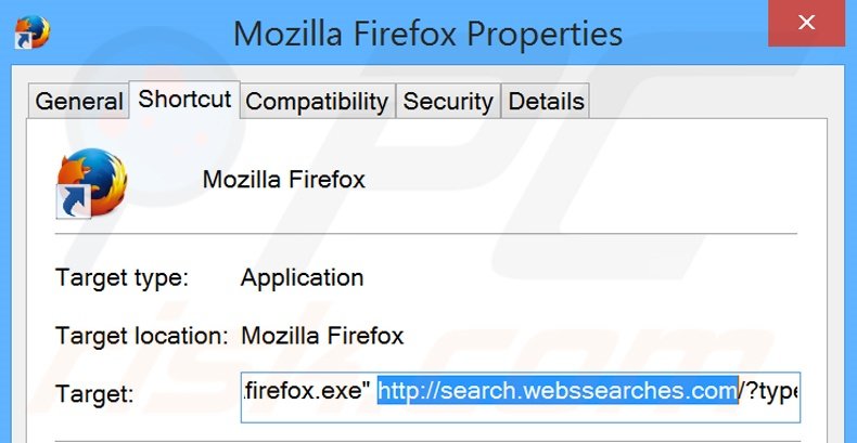 Removendo search.webssearches.com do atalho do Mozilla Firefox passo 2