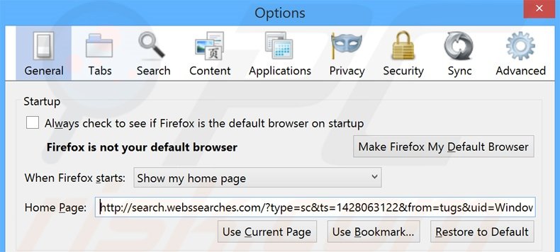 Removendo a página inicial search.webssearches.com do Mozilla Firefox