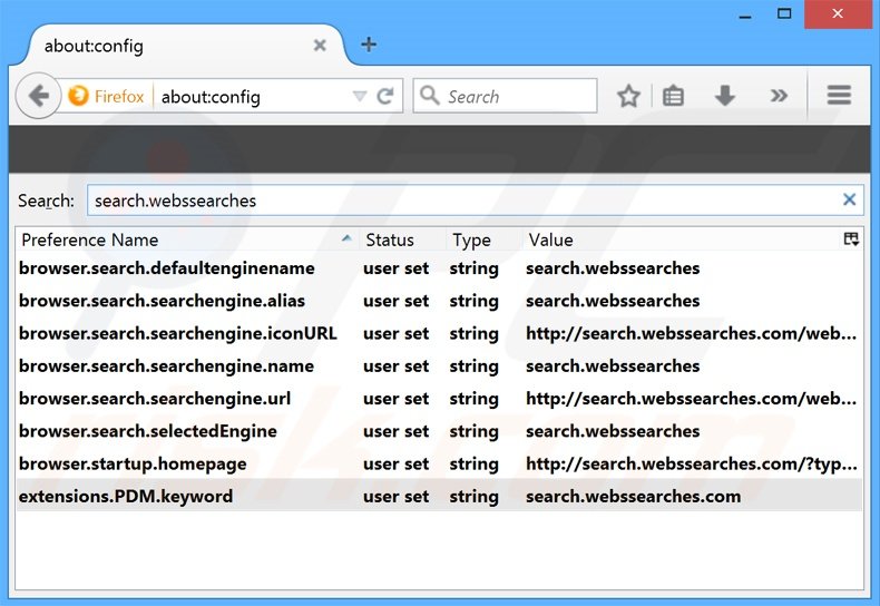 Removendo a página inicial search.webssearches.com e motor de busca padrão do Mozilla Firefox