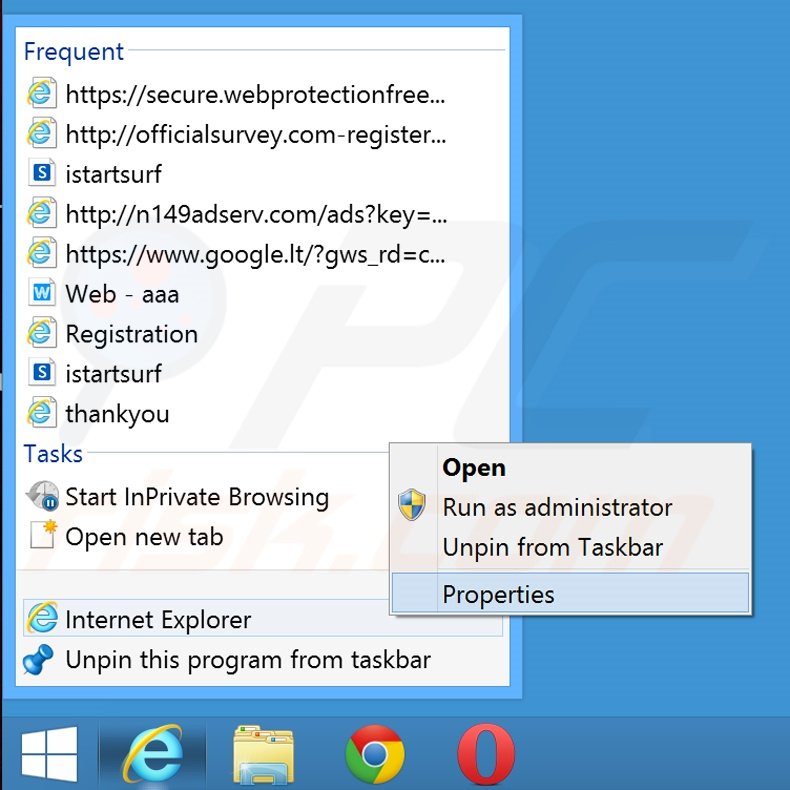 Removendo searches.webssearches.com do atalho do Internet Explorer passo 1