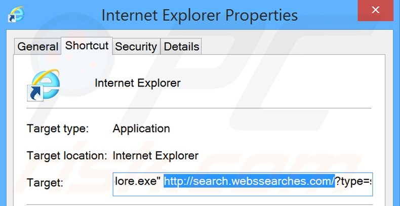 Removendo searches.webssearches.com do atalho do Internet Explorer passo 2