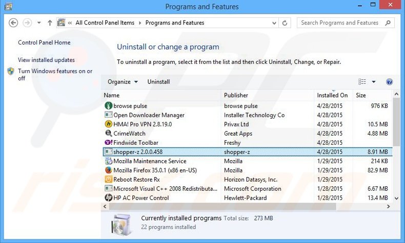 desinstalar o adware Shopper-z via Painel de Controlo