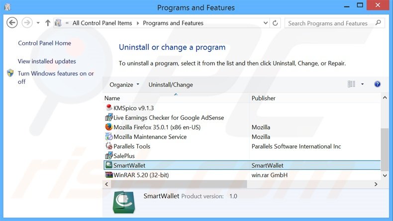 desinstalar o adware SmartWallet via Painel de Controlo