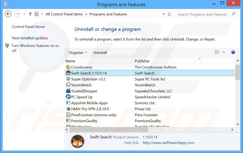 desinstalar o adware Swift Search através do Painel de Controlo