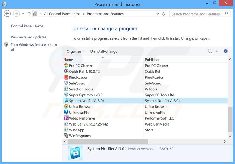 desinstalar o adware system notifier via Painel de Controlo