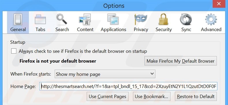 Removendo thesmartsearch.net da página inicial do Mozilla Firefox.