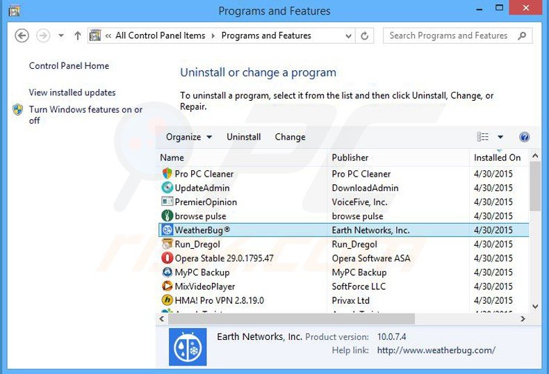 desinstalar o adware weatherbug via Painel de Controlo