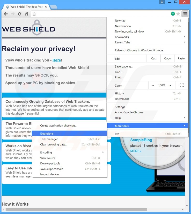 Removendo os anúncios Web Shield de Google Chrome passo 1