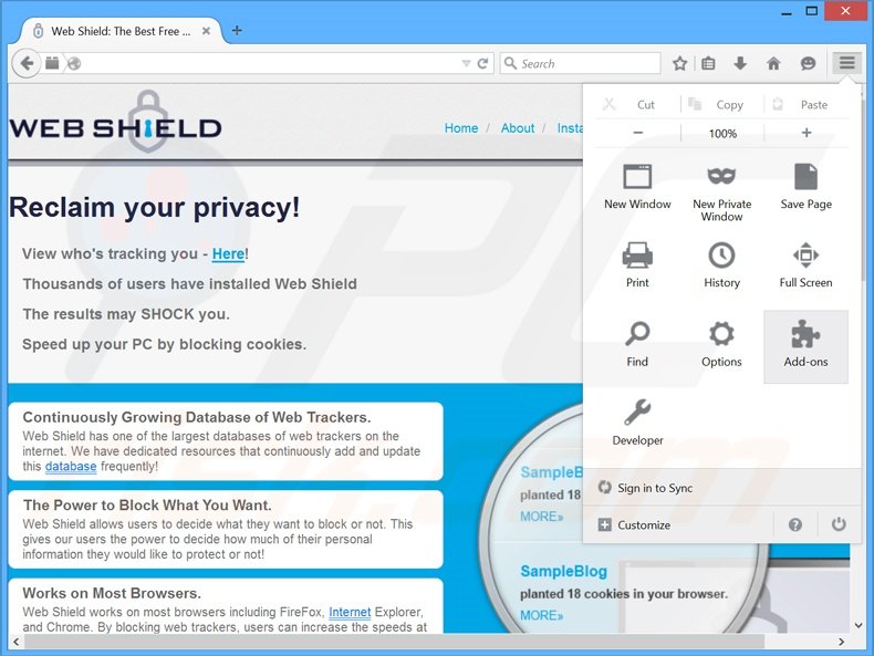 Removendo os anúncios Web Shield do Mozilla Firefox passo 1