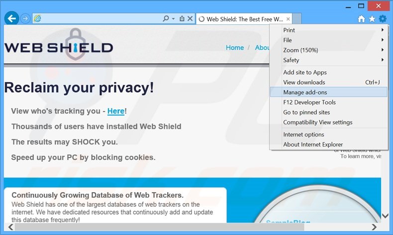 Removendo os anúncios Web Shield do Internet Explorer passo 1