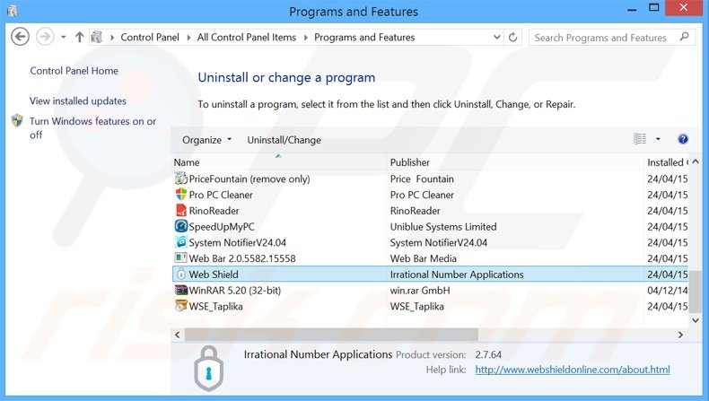 desinstale o adware Web Shield através do Painel de Controlo
