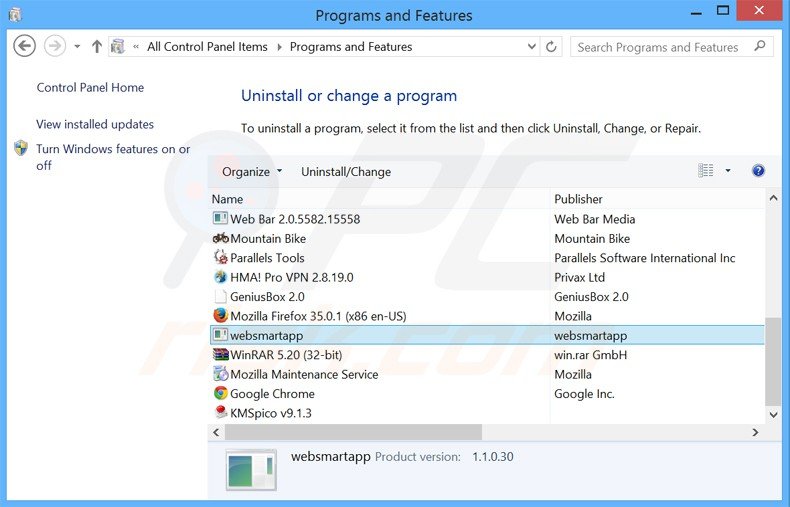 desinstalar o adware WebSmart App via Painel de Controlo