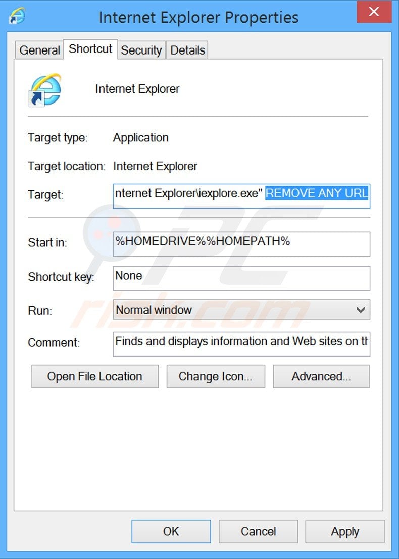  Removendo o url indesejado do atalho do Internet Explorer passo 2