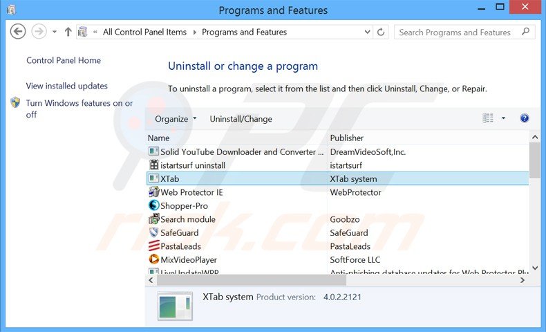 desinstalar o sequestrador de navegador xtab via Painel de Controlo