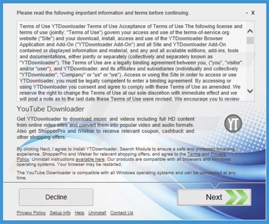 Instalador usado na distribuição do adware YTDownloader