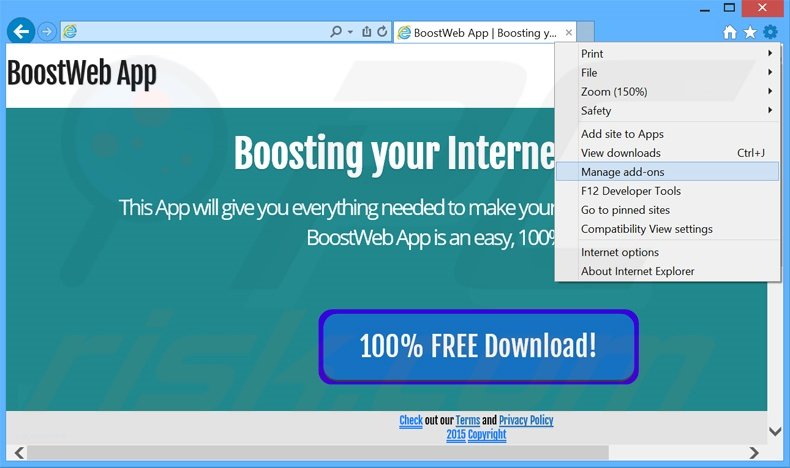 Removendo os anúncios BoostWeb App do Internet Explorer passo 1