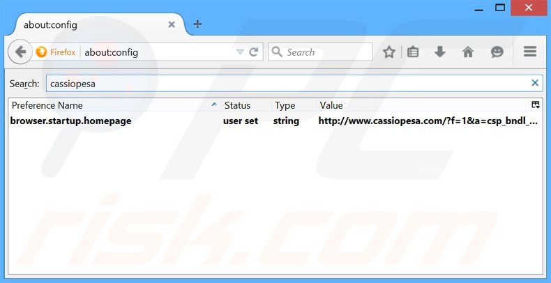 Removendo a página inicial cassiopesa.com e motor de busca padrão do Mozilla Firefox
