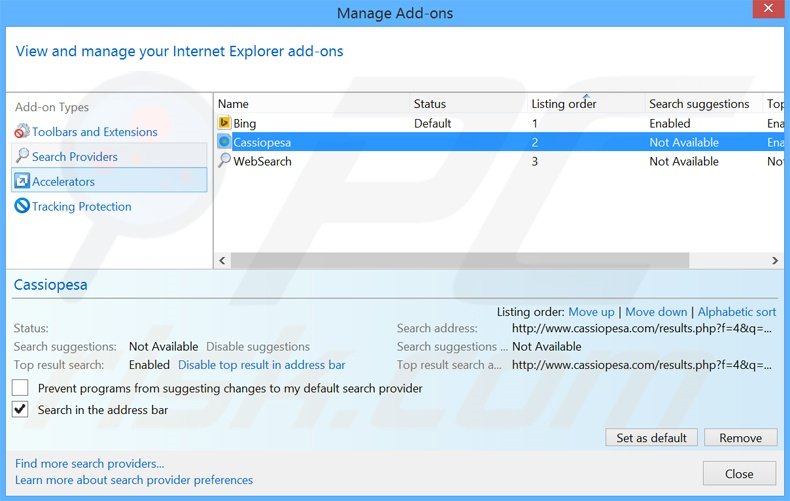 Removendo a motor de busca inicial cassiopesa.com do Internet Explorer