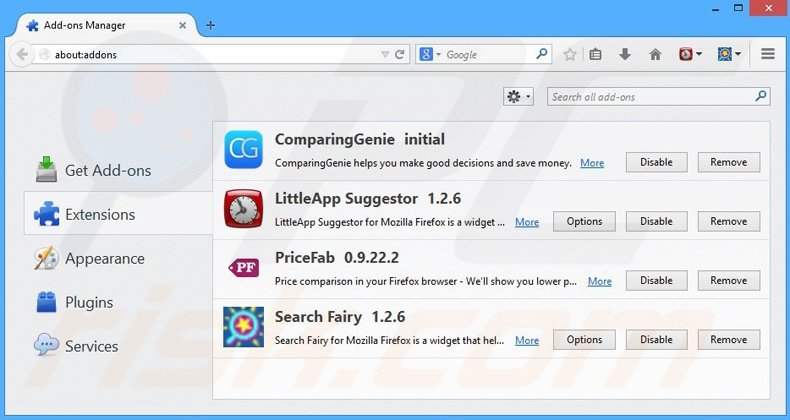 Removendo os anúncios ComparingGenie do Mozilla Firefox passo 2