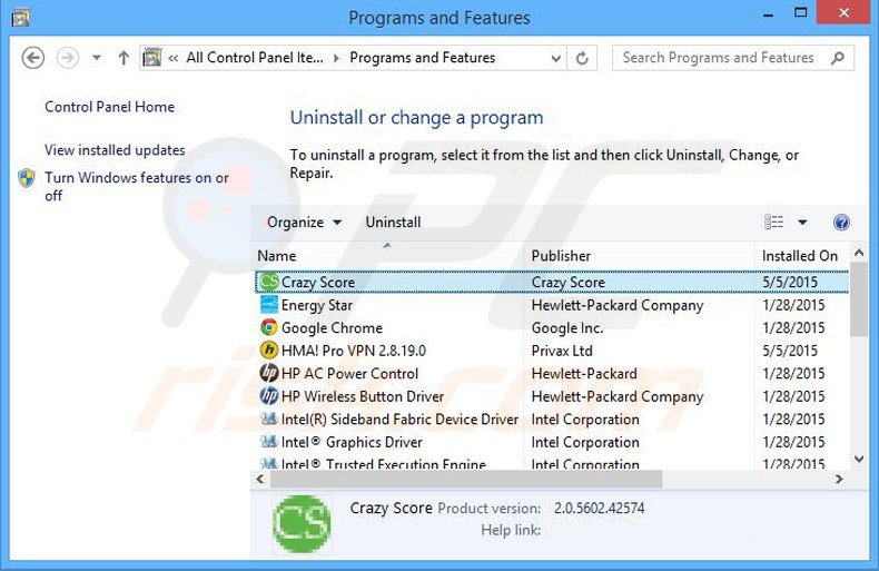 desinstalar o adware Crazy Score via Painel de Controlo