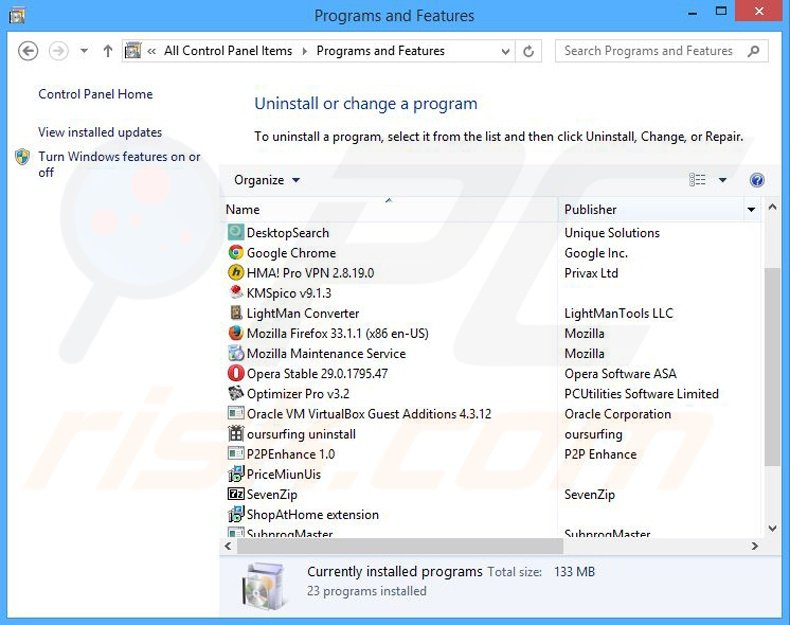 Desinstalar o adware Desktop Recipe através do Painel de Controlo