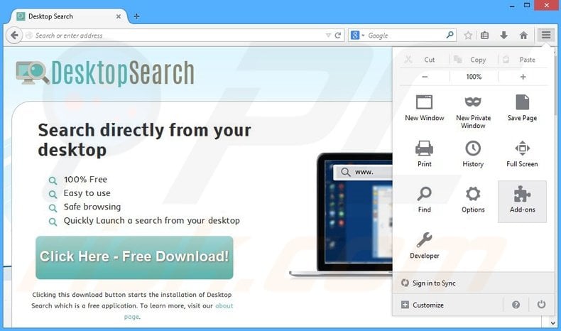Removendo os anúncios Desktop Search do Mozilla Firefox passo 1
