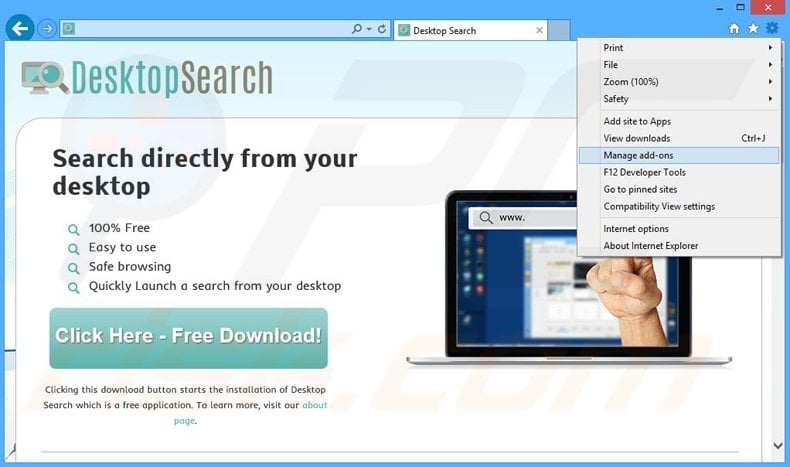 Removendo os anúncios Desktop Search do Internet Explorer passo 1