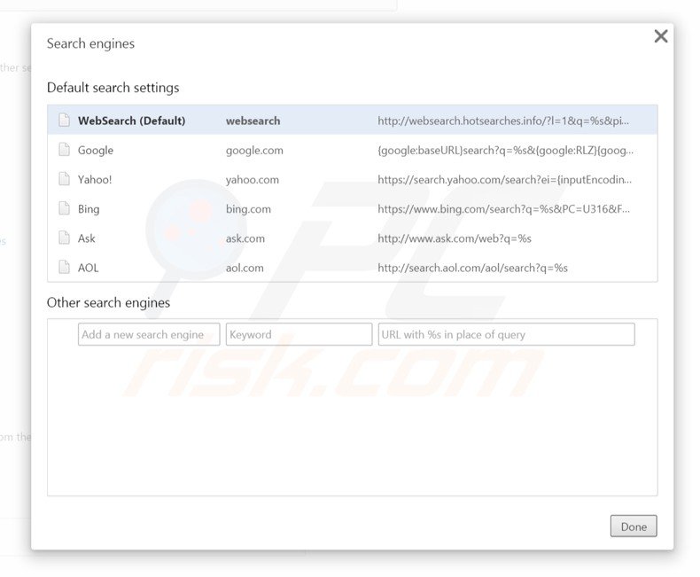 Removendo o redirecionamento websearch.hotsearches.info do motor de3 busca padrão do Google Chrome