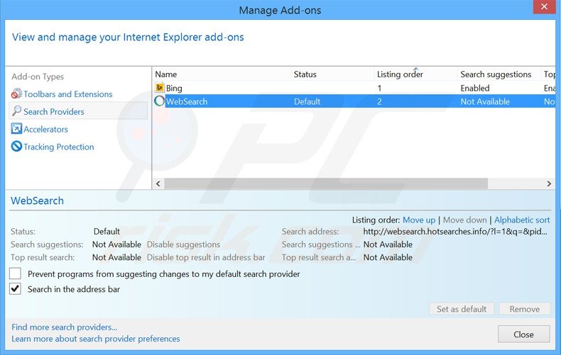 websearch.hotsearches.info do motor de busca padrão do Internet Explorer