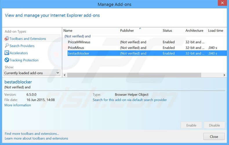 Removendo o redirecionamento websearch.hotsearches.info das extensões do Internet Explorer.