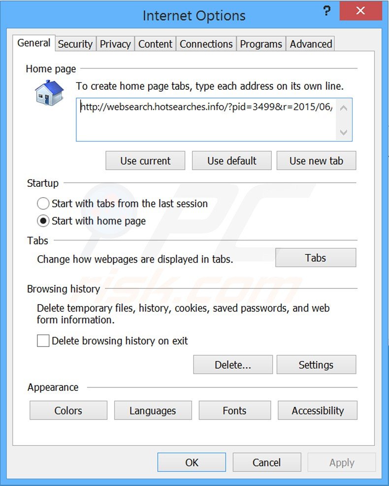 Removendo o redirecionamento websearch.hotsearches.info da página inicial do Internet Explorer