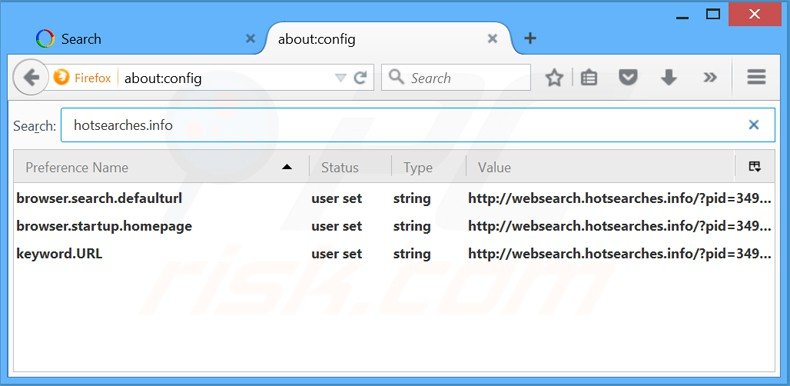 Remova a página inicial websearch.hotsearches.info e motor de busca padrão do Mozilla Firefox.