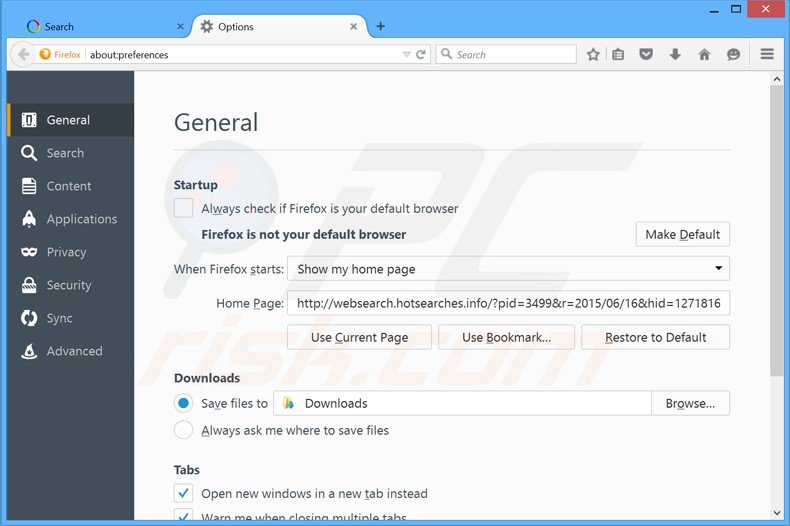 Removendo a página inicial websearch.hotsearches.info e motor de busca padrão do Mozilla Firefox.