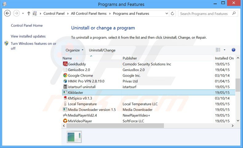 desinstale o adware Kikblaster via Painel de Controlo