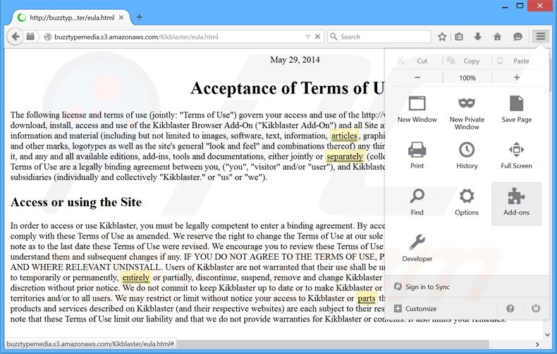 Removendo os anúncios Kikblaster do Mozilla Firefox passo 1