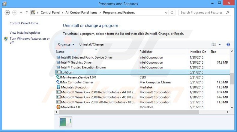 desinstale o adware lolliscan via Painel de Controlo