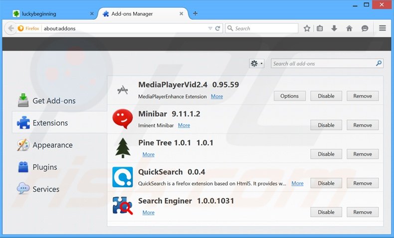 Removendo as extensões relacionadas a luckybeginning.com do Mozilla Firefox