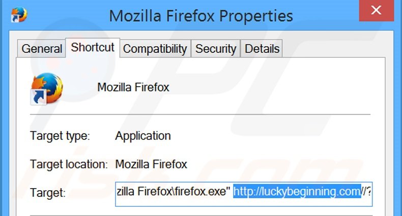 Removendo luckybeginning.com do atalho do Mozilla Firefox passo 2