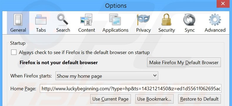 Removendo a página inicial luckybeginning.com do Mozilla Firefox