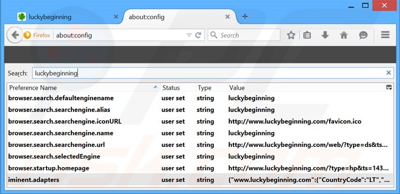 Removendo a página inicial luckybeginning.com e motor de busca padrão do Mozilla Firefox