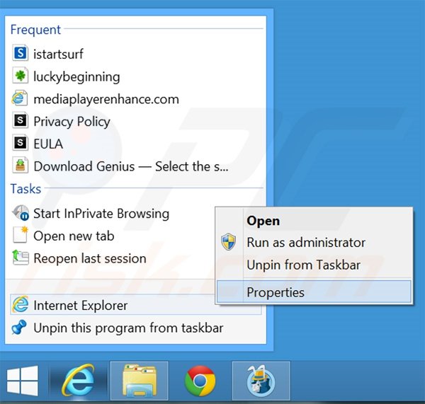Removendo luckybeginning.com do atalho do Internet Explorer passo 1