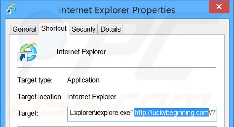 Removendo luckybeginning.com do atalho do Internet Explorer passo 2