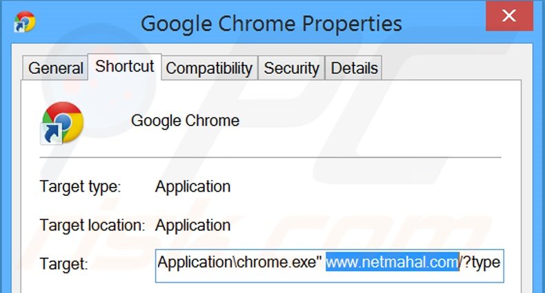 Removendo netmahal.com do atalho do Google Chrome passo 2