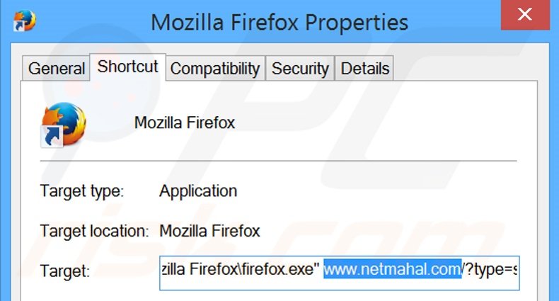 Removendo netmahal.com do atalho do Mozilla Firefox passo 2
