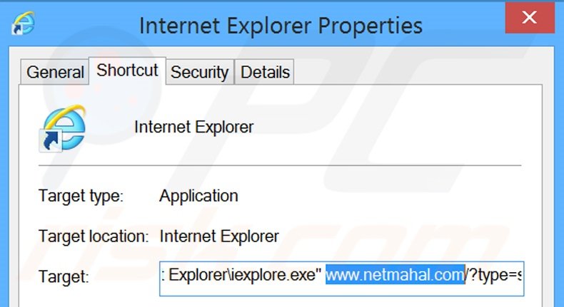 Removendo netmahal.com do atalho do Internet Explorer passo 2