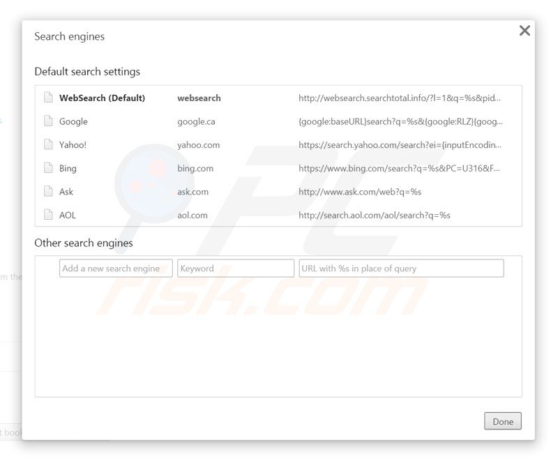 Removendo o redirecionamento websearch.searchtotal.info do motor de busca padrão do Google Chrome