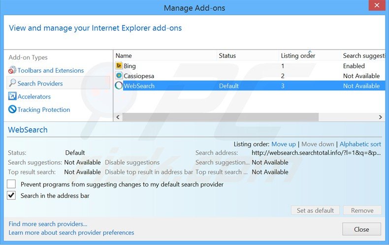 Removendo o redirecionamento websearch.searchtotal.info do motor de busca padrão do Internet Explorer